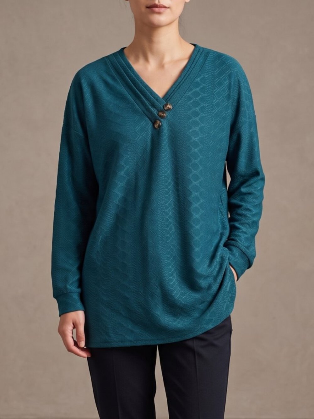 NWT | Yathon Turquoise Long Sleeve Top | Textured Knit | Button V-Neck | Small